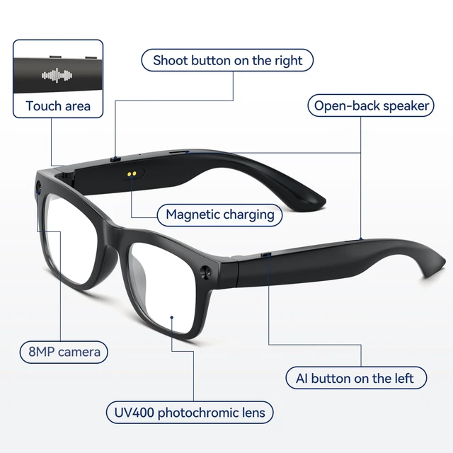 Alt view image 4 of 7 - AI Smart Glasses with HD Camera, BT Call, 8MP Anti-Shake Camera Glasses with 1080P Video Recording Dual Mic, Simultaneous Interpretation/GPT Identify Objects, Photochromic Lens