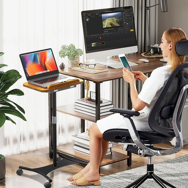 Alt view image 2 of 6 - Laptop Floor Stand with Wheels - 2 in 1 Dual-use Floor & Desk Stand, Solid Wood and Height Adjustable from 16.5" to 51", Stable Small Standing Desk for Office, Home, Study
