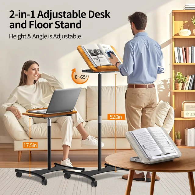 Alt view image 3 of 6 - Laptop Floor Stand with Wheels - 2 in 1 Dual-use Floor & Desk Stand, Solid Wood and Height Adjustable from 16.5" to 51", Stable Small Standing Desk for Office, Home, Study