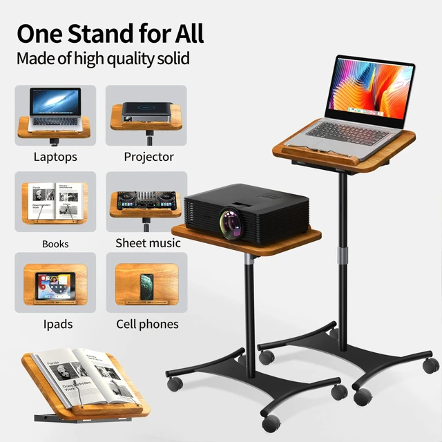Alt view image 6 of 6 - Laptop Floor Stand with Wheels - 2 in 1 Dual-use Floor & Desk Stand, Solid Wood and Height Adjustable from 16.5" to 51", Stable Small Standing Desk for Office, Home, Study