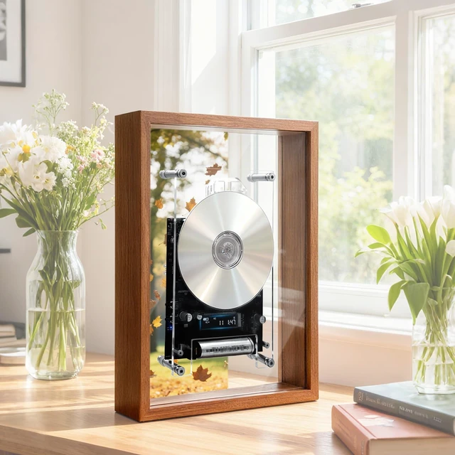 Main image of Wood Frame CD Player for Wall or Desk, BT Transmitter, Rechargeable Wall Mounted CD Player, Bluetooth Rechargeable, Retro Wood Frame, Transparent Acrylic Disc, LED Display, Remote