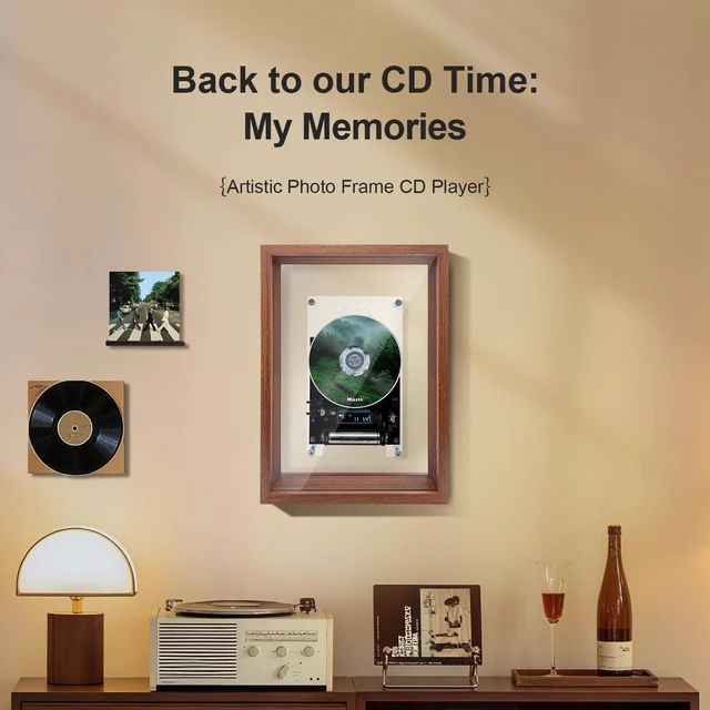 Alt view image 2 of 7 - Wood Frame CD Player for Wall or Desk, BT Transmitter, Rechargeable Wall Mounted CD Player, Bluetooth Rechargeable, Retro Wood Frame, Transparent Acrylic Disc, LED Display, Remote
