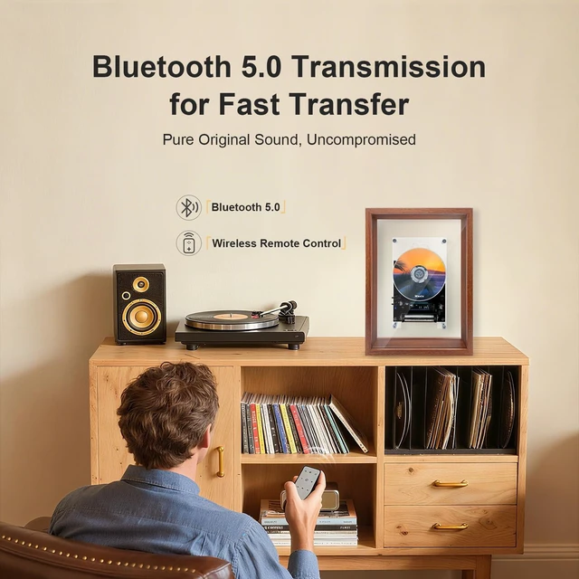 Alt view image 3 of 7 - Wood Frame CD Player for Wall or Desk, BT Transmitter, Rechargeable Wall Mounted CD Player, Bluetooth Rechargeable, Retro Wood Frame, Transparent Acrylic Disc, LED Display, Remote