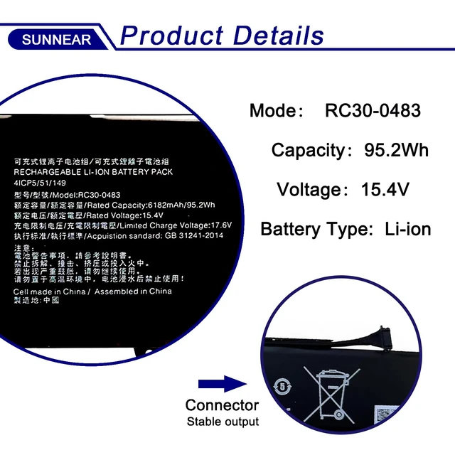 Alt view image 2 of 6 - 95.2Wh RC30-0483 Laptop Battery for Razer Blade 16" RZ09-0483x RZ09-0510x 15.4V 6182mAh Replacement for Razer Blade 16" 2023 RZ09-0483x 2024 RZ09-0510x RZ09-0510SEN3-R3E1 RZ09-0510SWN3-R3W1