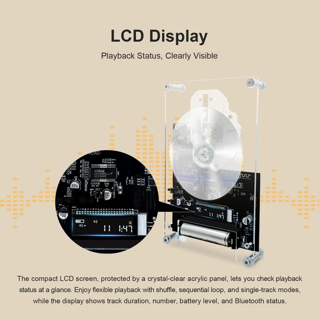Alt view image 5 of 7 - Wood Frame CD Player for Wall or Desk, BT Transmitter, Rechargeable Wall Mounted CD Player, Bluetooth Rechargeable, Retro Wood Frame, Transparent Acrylic Disc, LED Display, Remote