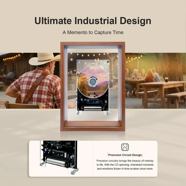 Alt view image 6 of 7 - Wood Frame CD Player for Wall or Desk, BT Transmitter, Rechargeable Wall Mounted CD Player, Bluetooth Rechargeable, Retro Wood Frame, Transparent Acrylic Disc, LED Display, Remote