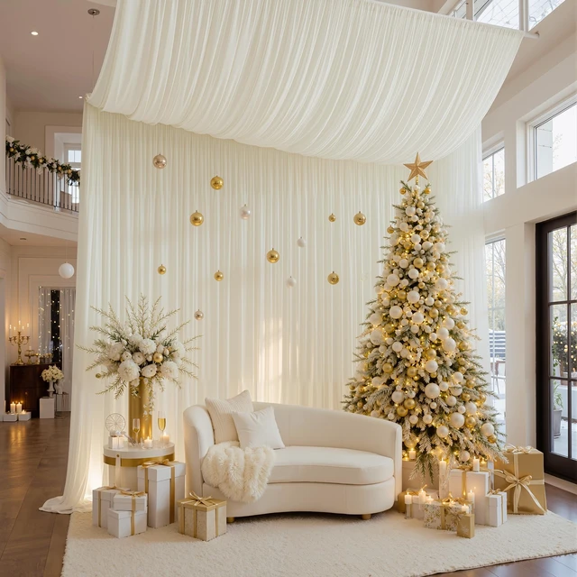 Alt view image 2 of 6 - 20x20ft Ivory Ceiling Drapes for Wedding, 4 Panels 5×20ft Wrinkle-Free Silky Draping Fabric Ceiling Curtains for Tent Canopy Church Event Reception Stage Backdrop