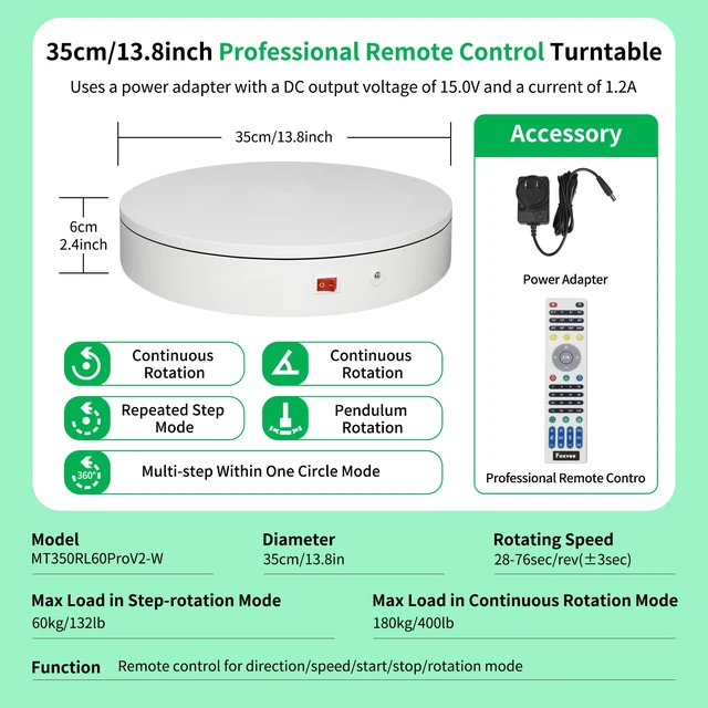 Alt view image 2 of 7 - Remote-Controlled Motorized Electric Turntable,Rotating Display Stand,Speed-Adjustable Rotating Platform,Multi-Mode 360° Photography Turntable for 3D Scan,Photography,Showcase(13.8inch/White)
