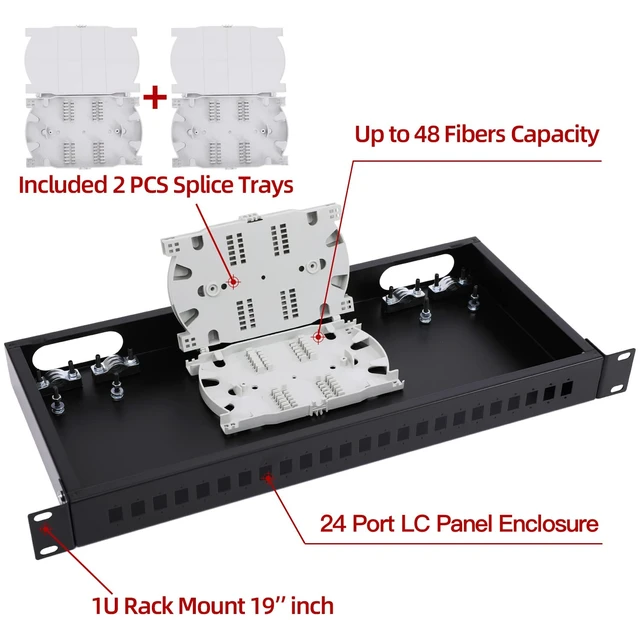 Alt view image 2 of 7 - 1U 19 Rack Mount Fiber Optic Enclosure, LGX Compatible Loaded Patch Panel Fiber Distribution Box for Rack Cabinet, Includes 2PCS Splice Trays, Maximum Capacity 48 Fibers