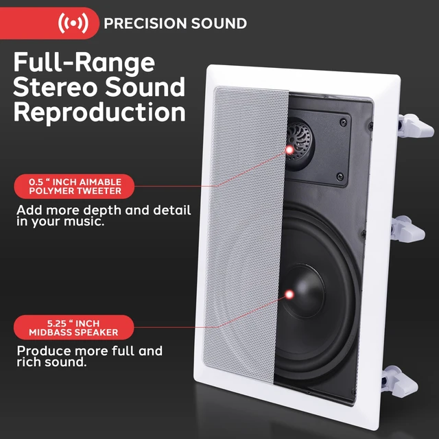 Alt view image 2 of 7 - 150 Watts 5.25'' In-Wall / In-Ceiling Stereo Speakers - 2-Way Flush Mount Stereo Sound Speakers 5-1/4'' Midbass Speaker - White (Pair)