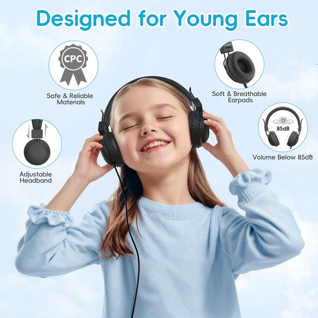 Alt view image 3 of 7 - Classroom Headphones 10 Pack with Microphone & Shareport, Black Durable & Foldable, All-Day Comfort, 85dB Volume Limit, 3.5mm Jack, Tangle-free Cord, For Kids School & Online Learning
