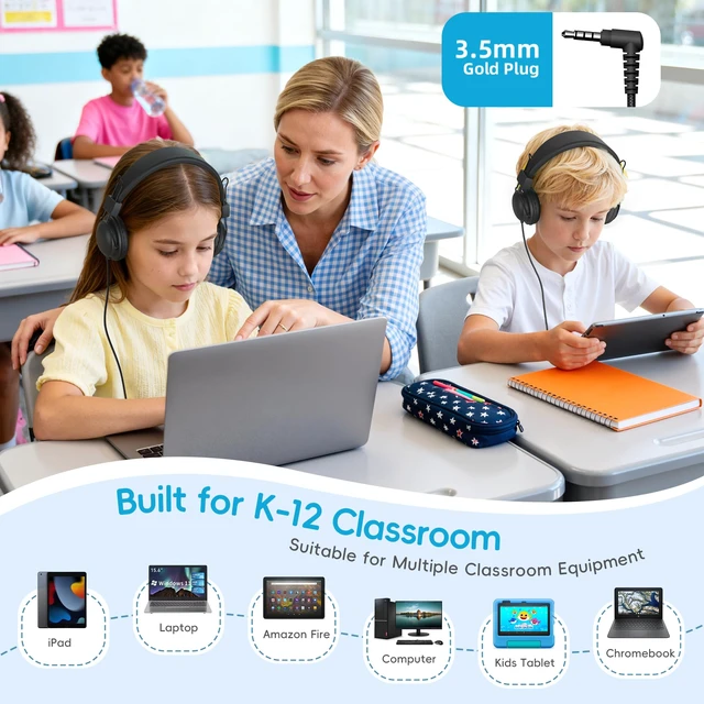 Alt view image 6 of 7 - Classroom Headphones 10 Pack with Microphone & Shareport, Black Durable & Foldable, All-Day Comfort, 85dB Volume Limit, 3.5mm Jack, Tangle-free Cord, For Kids School & Online Learning