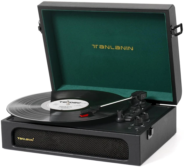 Main image of Vinyl Record Player with Speakers Bass & Treble Control Turntable Black & Green, Vintage Portable 3-Speed LP Player, Bass & Treble Control, Auto Stop, RCA Line-out, AUX-IN, Headphone Jack