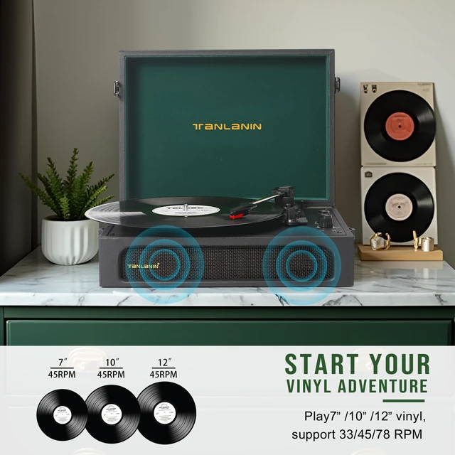 Alt view image 2 of 7 - Vinyl Record Player with Speakers Bass & Treble Control Turntable Black & Green, Vintage Portable 3-Speed LP Player, Bass & Treble Control, Auto Stop, RCA Line-out, AUX-IN, Headphone Jack