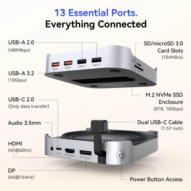 Alt view image 2 of 7 - Mac mini M6, M5 Pro, M4 Dock with 8TB M.2 NVMe SSD Enclosure 13-in-1 Mac mini Dock, Max Triple Display, 4K@144Hz DP, 4K@60Hz HDMI, 10Gbps USB, SD/microSD, One-Touch Power Button, Audio