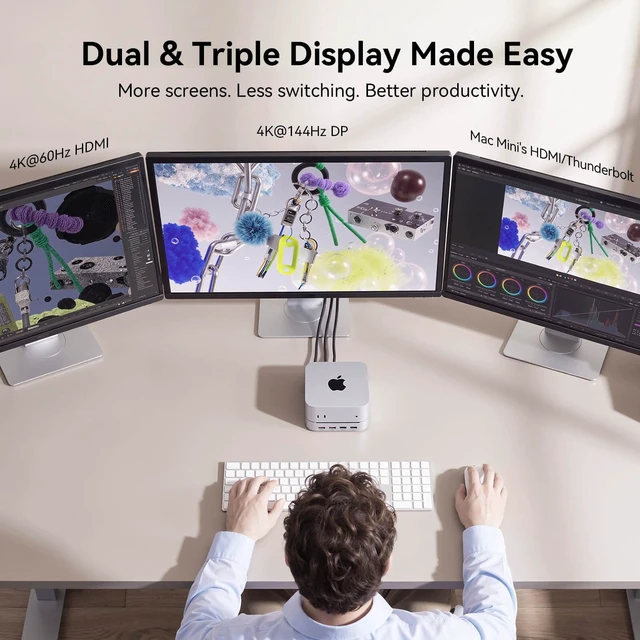 Alt view image 4 of 7 - Mac mini M6, M5 Pro, M4 Dock with 8TB M.2 NVMe SSD Enclosure 13-in-1 Mac mini Dock, Max Triple Display, 4K@144Hz DP, 4K@60Hz HDMI, 10Gbps USB, SD/microSD, One-Touch Power Button, Audio