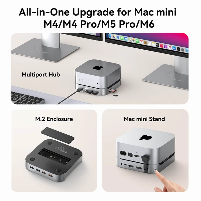 Alt view image 5 of 7 - Mac mini M6, M5 Pro, M4 Dock with 8TB M.2 NVMe SSD Enclosure 13-in-1 Mac mini Dock, Max Triple Display, 4K@144Hz DP, 4K@60Hz HDMI, 10Gbps USB, SD/microSD, One-Touch Power Button, Audio