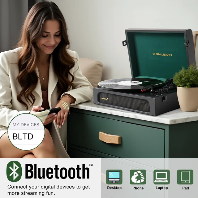 Alt view image 3 of 7 - Vinyl Record Player with Speakers Bass & Treble Control Turntable Black & Green, Vintage Portable 3-Speed LP Player, Bass & Treble Control, Auto Stop, RCA Line-out, AUX-IN, Headphone Jack