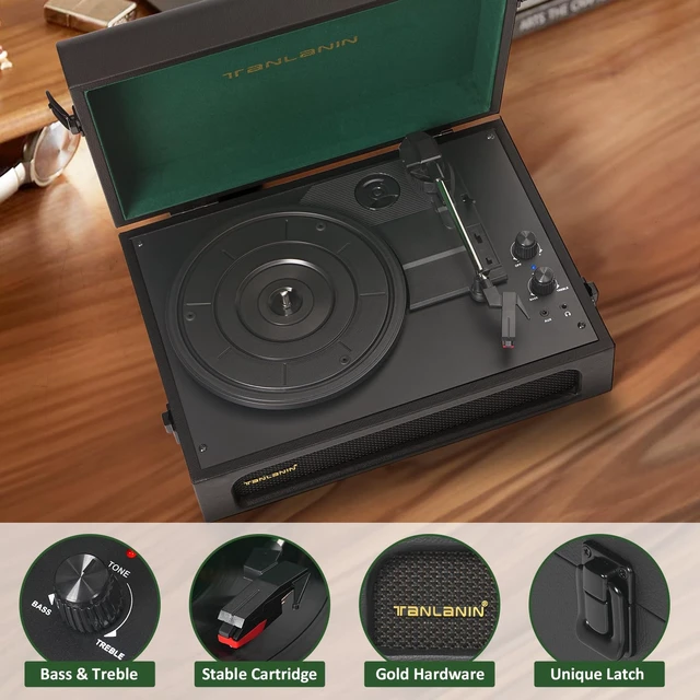 Alt view image 4 of 7 - Vinyl Record Player with Speakers Bass & Treble Control Turntable Black & Green, Vintage Portable 3-Speed LP Player, Bass & Treble Control, Auto Stop, RCA Line-out, AUX-IN, Headphone Jack