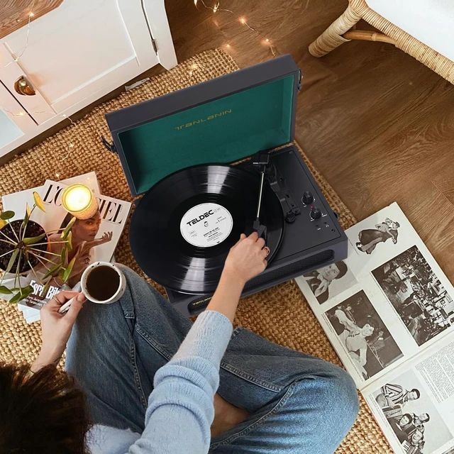 Alt view image 5 of 7 - Vinyl Record Player with Speakers Bass & Treble Control Turntable Black & Green, Vintage Portable 3-Speed LP Player, Bass & Treble Control, Auto Stop, RCA Line-out, AUX-IN, Headphone Jack