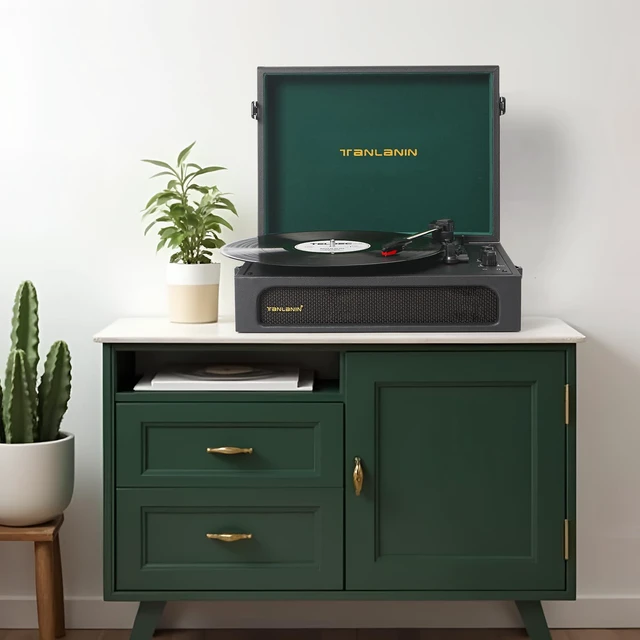 Alt view image 6 of 7 - Vinyl Record Player with Speakers Bass & Treble Control Turntable Black & Green, Vintage Portable 3-Speed LP Player, Bass & Treble Control, Auto Stop, RCA Line-out, AUX-IN, Headphone Jack