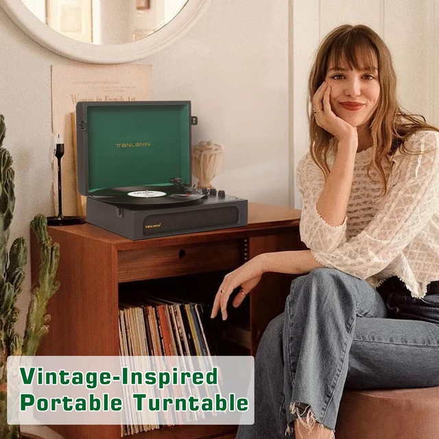 Alt view image 7 of 7 - Vinyl Record Player with Speakers Bass & Treble Control Turntable Black & Green, Vintage Portable 3-Speed LP Player, Bass & Treble Control, Auto Stop, RCA Line-out, AUX-IN, Headphone Jack