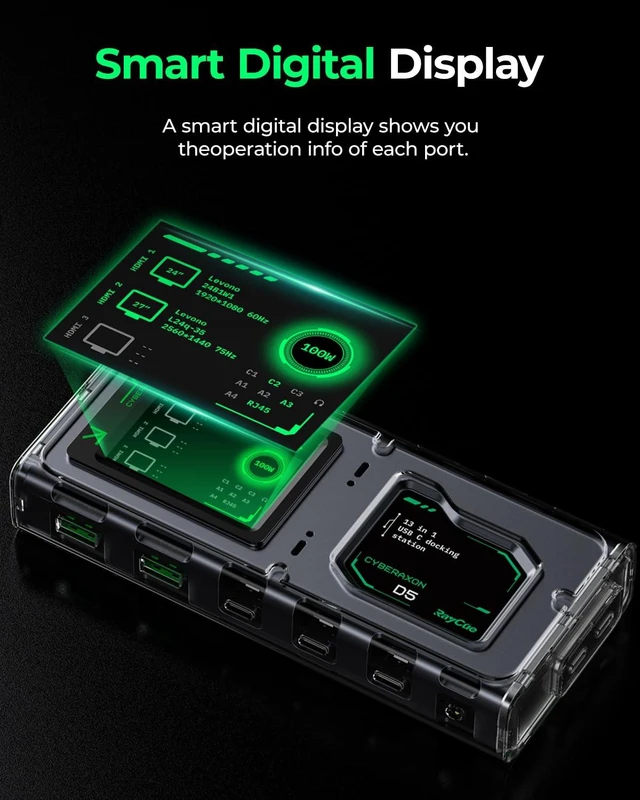 Alt view image 4 of 7 - CyberAxon D5 13-in-1 Laptop Docking Station Dock - USB C Docking Station with 2.4" Touchscreen, 3X HDMI (4K@60Hz), 100W PD, 10Gbps USB-C, Ethernet, for Mac/Windows/iPad