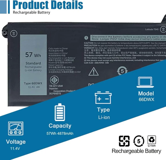 Alt view image 2 of 6 - 66DWX Laptop Battery Compatible with Dell Latitude 7340 7350 7440 7450 7640 7650 Series Notebook 086D0Y 86D0Y 00HYH8 0HYH8 11.4V 57Wh 4878mAh