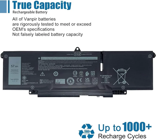 Alt view image 6 of 6 - 66DWX Laptop Battery Compatible with Dell Latitude 7340 7350 7440 7450 7640 7650 Series Notebook 086D0Y 86D0Y 00HYH8 0HYH8 11.4V 57Wh 4878mAh
