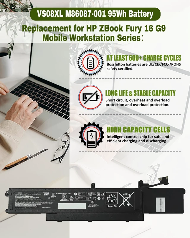 Alt view image 3 of 6 - 95Wh 4-Cell VS08XL M86087-005 Battery Replacement for HP ZBook Fury 16 G9 ZBook Fury 16 G10 ZBook Fury 16 G11 Mobile Workstation 2080 Series Notebook -15.44V 5907mAh