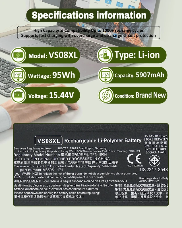 Alt view image 2 of 6 - 95Wh 4-Cell VS08XL M86087-005 Battery Replacement for HP ZBook Fury 16 G9 ZBook Fury 16 G10 ZBook Fury 16 G11 Mobile Workstation 2080 Series Notebook -15.44V 5907mAh