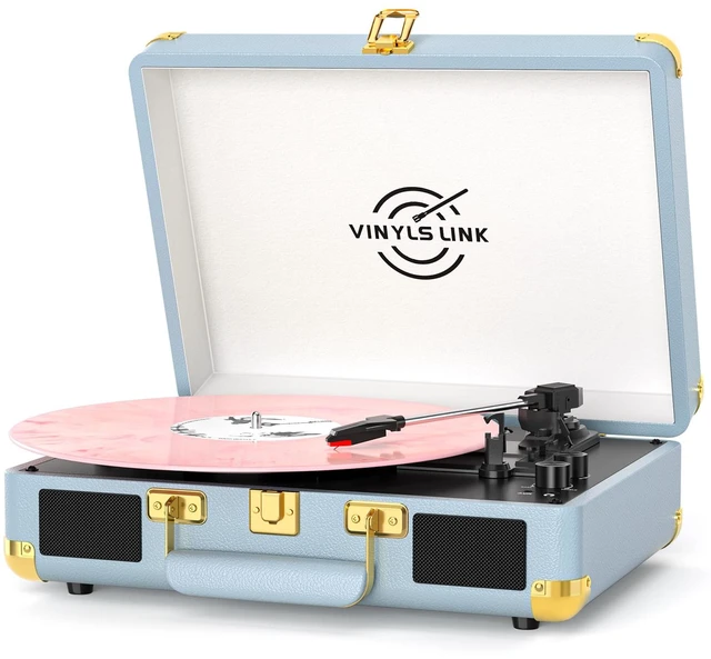Main image of VINYLSLINK Bluetooth Vinyl Record Player, 3-Speed Portable Turntable with Treble & Bass Control, Built-in Stereo Speakers, Belt-Driven LP Player with RCA & Headphone Jack, Vintage Blue Design