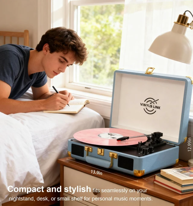 Alt view image 3 of 7 - VINYLSLINK Bluetooth Vinyl Record Player, 3-Speed Portable Turntable with Treble & Bass Control, Built-in Stereo Speakers, Belt-Driven LP Player with RCA & Headphone Jack, Vintage Blue Design