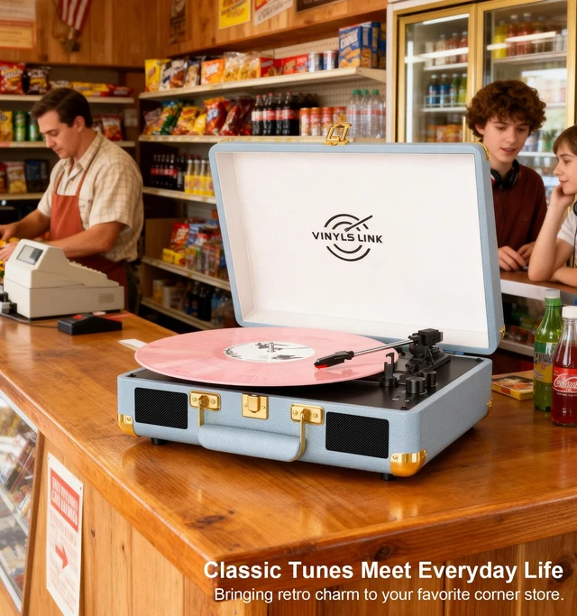 Alt view image 2 of 7 - VINYLSLINK Bluetooth Vinyl Record Player, 3-Speed Portable Turntable with Treble & Bass Control, Built-in Stereo Speakers, Belt-Driven LP Player with RCA & Headphone Jack, Vintage Blue Design