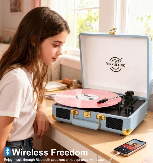 Alt view image 5 of 7 - VINYLSLINK Bluetooth Vinyl Record Player, 3-Speed Portable Turntable with Treble & Bass Control, Built-in Stereo Speakers, Belt-Driven LP Player with RCA & Headphone Jack, Vintage Blue Design