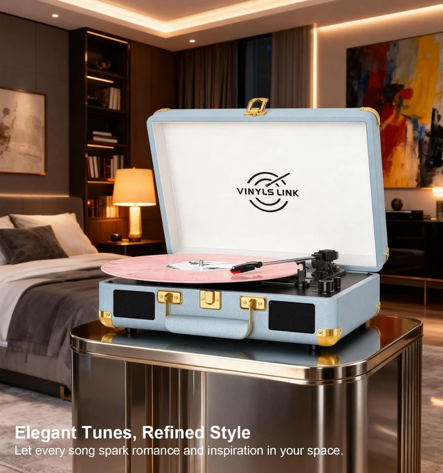 Alt view image 7 of 7 - VINYLSLINK Bluetooth Vinyl Record Player, 3-Speed Portable Turntable with Treble & Bass Control, Built-in Stereo Speakers, Belt-Driven LP Player with RCA & Headphone Jack, Vintage Blue Design