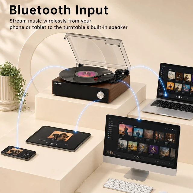 Alt view image 3 of 7 - Vinyl Record Player, BluetoothTurntable, Built-in Stereo Speakers 3-Speed Belt-Drive Record Player with Auto-Stop, RCA Output, Retro Brown Vinyl Player for Beginners & Gift