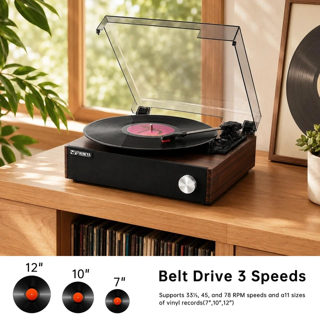 Alt view image 4 of 7 - Vinyl Record Player, BluetoothTurntable, Built-in Stereo Speakers 3-Speed Belt-Drive Record Player with Auto-Stop, RCA Output, Retro Brown Vinyl Player for Beginners & Gift