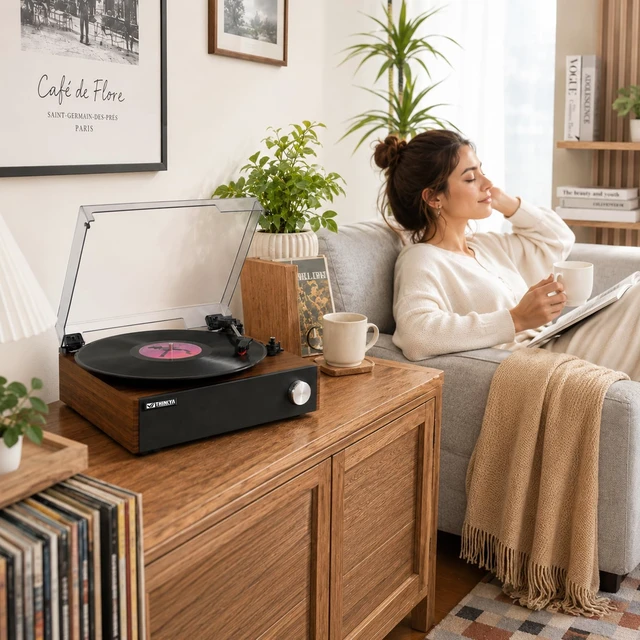 Alt view image 7 of 7 - Vinyl Record Player, BluetoothTurntable, Built-in Stereo Speakers 3-Speed Belt-Drive Record Player with Auto-Stop, RCA Output, Retro Brown Vinyl Player for Beginners & Gift