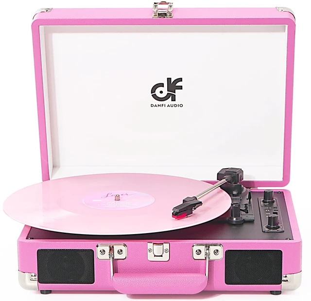 Main image of Vinyl Record Player Bluetooth, Vintage Portable Suitcase Turntable,Hot Pink Built-in Dual Speakers, USB Recording & Playback, Belt Drive LP Player with RCA AUX Headphone Jack, Auto Stop, Pink
