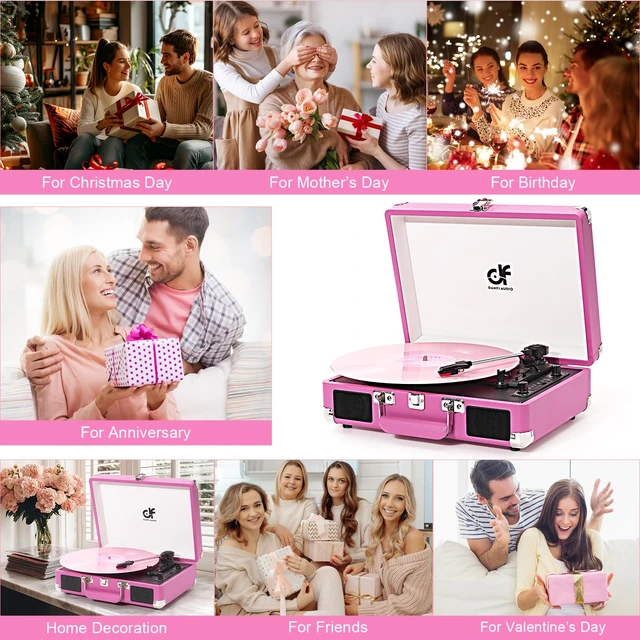 Alt view image 2 of 7 - Vinyl Record Player Bluetooth, Vintage Portable Suitcase Turntable,Hot Pink Built-in Dual Speakers, USB Recording & Playback, Belt Drive LP Player with RCA AUX Headphone Jack, Auto Stop, Pink