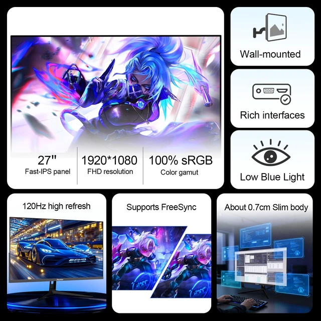 Alt view image 7 of 7 - 27 Inch 120Hz Monitor, FHD 1080P, Fast-IPS, AMD FreeSync, 100% sRGB, Low Blue Light Eye Care, 3-Side Borderless Frameless, HDMI VGA Ports, 100x100mm VESA Mount for Gaming & Office (R27 Velo)