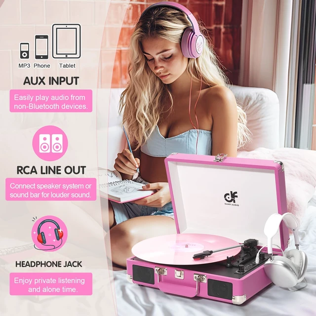 Alt view image 3 of 7 - Vinyl Record Player Bluetooth, Vintage Portable Suitcase Turntable,Hot Pink Built-in Dual Speakers, USB Recording & Playback, Belt Drive LP Player with RCA AUX Headphone Jack, Auto Stop, Pink