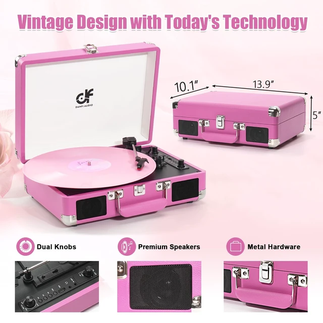 Alt view image 4 of 7 - Vinyl Record Player Bluetooth, Vintage Portable Suitcase Turntable,Hot Pink Built-in Dual Speakers, USB Recording & Playback, Belt Drive LP Player with RCA AUX Headphone Jack, Auto Stop, Pink