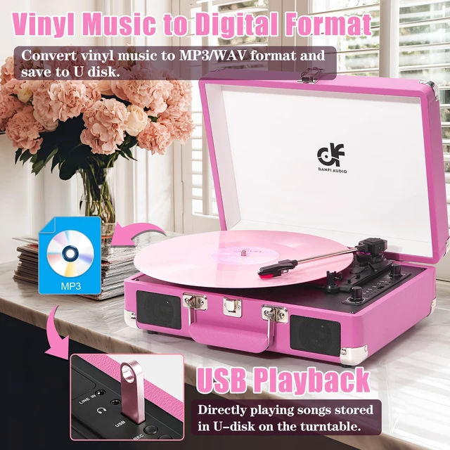 Alt view image 5 of 7 - Vinyl Record Player Bluetooth, Vintage Portable Suitcase Turntable,Hot Pink Built-in Dual Speakers, USB Recording & Playback, Belt Drive LP Player with RCA AUX Headphone Jack, Auto Stop, Pink