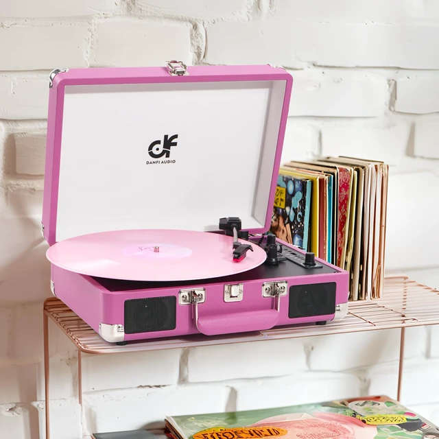 Alt view image 7 of 7 - Vinyl Record Player Bluetooth, Vintage Portable Suitcase Turntable,Hot Pink Built-in Dual Speakers, USB Recording & Playback, Belt Drive LP Player with RCA AUX Headphone Jack, Auto Stop, Pink