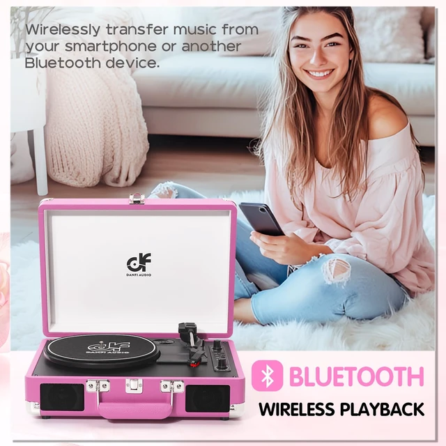 Alt view image 6 of 7 - Vinyl Record Player Bluetooth, Vintage Portable Suitcase Turntable,Hot Pink Built-in Dual Speakers, USB Recording & Playback, Belt Drive LP Player with RCA AUX Headphone Jack, Auto Stop, Pink
