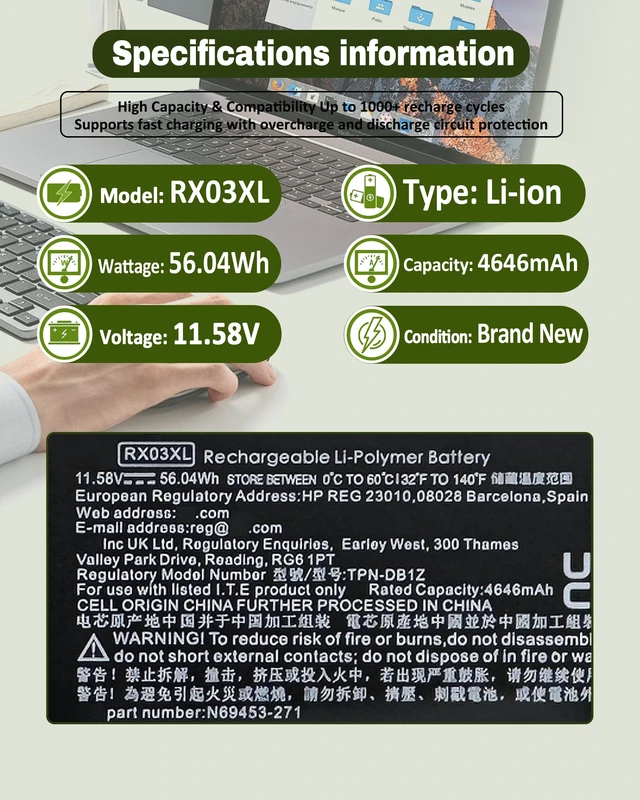 Alt view image 3 of 6 - 56.04Wh RX03XL N70706-005 Battery for HP EliteBook 640 645 630 660 G11 & ProBook 440 445 460 465 G11 Series NotebookCompatible with N78704-005 HSTNN-WB0H TPN-DB1Z - 11.58V 4646mAh Replacement