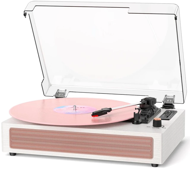 Main image of Vinyl Record Player with Speakers, Pink Vintage Bluetooth Record Player with EQ Sound Modes & LED Display, 3-Speed Turntable for Vinyl Records, USB Recording, TF Card Playback, AUX & RCA Output