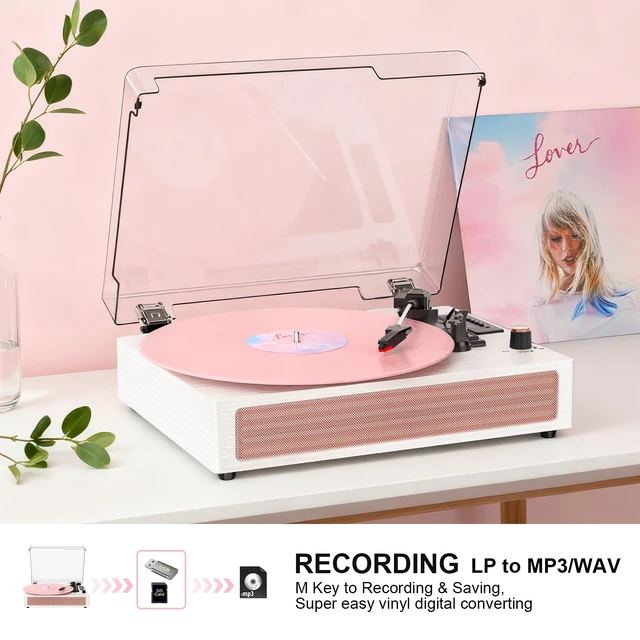 Alt view image 2 of 7 - Vinyl Record Player with Speakers, Pink Vintage Bluetooth Record Player with EQ Sound Modes & LED Display, 3-Speed Turntable for Vinyl Records, USB Recording, TF Card Playback, AUX & RCA Output